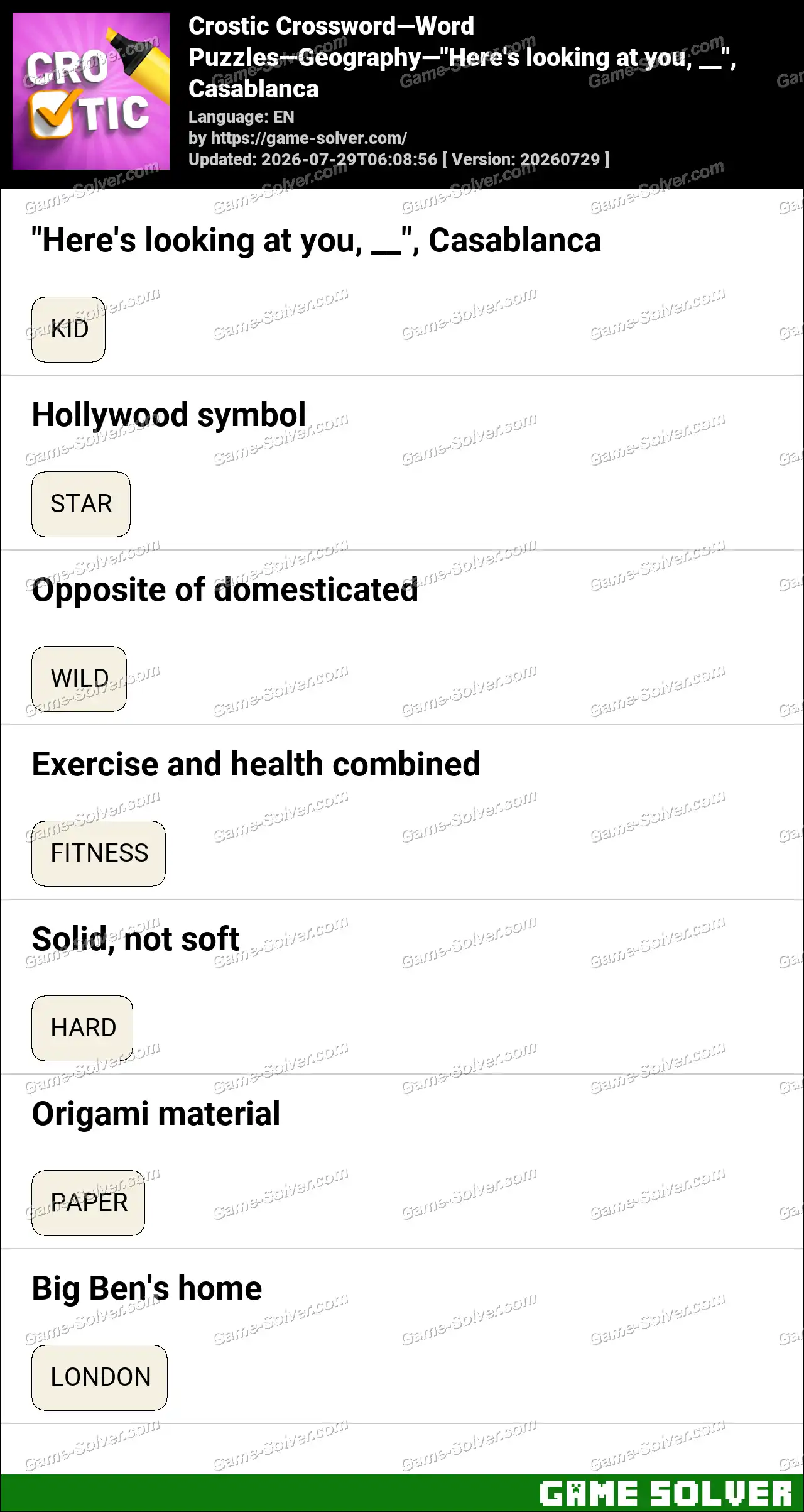 Crostic Crossword-Word Puzzles-Geography-"Here’s looking at you, __", Casablanca